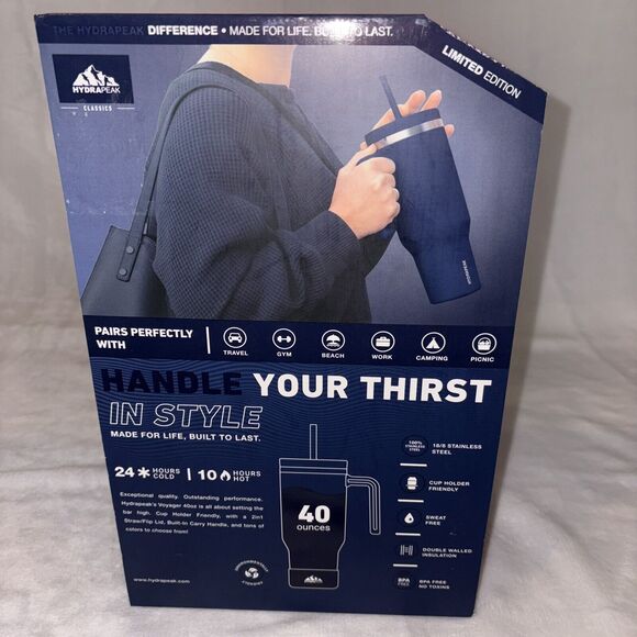 Hydrapeak Voyager 40oz Tumbler Handle Box Straw Lid Limited Edition Navy Blue - Picture 6 of 6